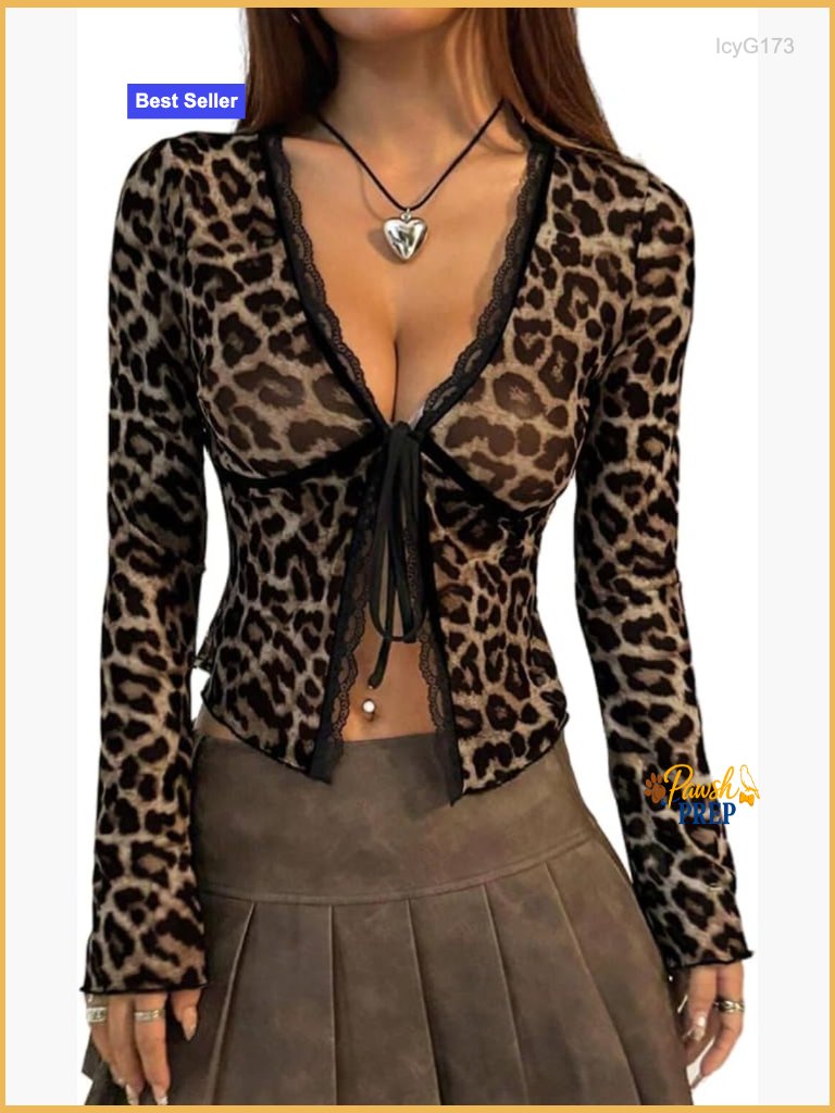 Bow Tie Front Leopard Print Mesh Crop Top Long Sleeve Slim Fit Y2k